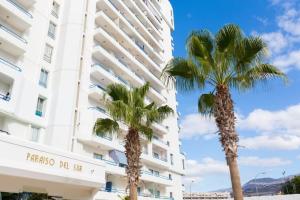 two palm trees in front of a building at Studio Gio - Paraiso del Sur in Playa Paraiso
