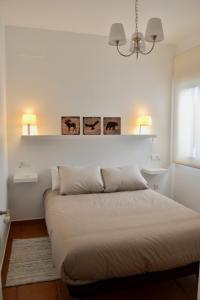 1 cama en un dormitorio con 2 lámparas en la pared en Chipiona Acogedor, en Chipiona