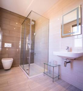 a bathroom with a shower and a sink and a toilet at Longstowe Farmhouse in Longstowe