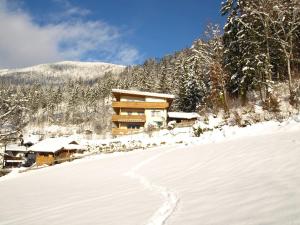 un lodge de ski dans la neige avec un sentier dans l'établissement Holiday Home Zillertal - Haus Gigl, à Bruck am Ziller
