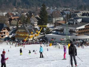 een groep mensen die skiën op een skipiste bij Apartment Maša in Kranjska Gora