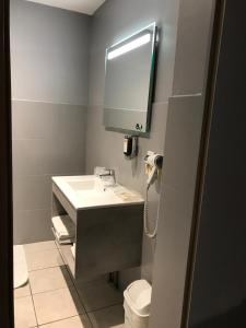 
a bathroom with a toilet, sink, and mirror at Hôtel Les Frangins in Saint-Omer
