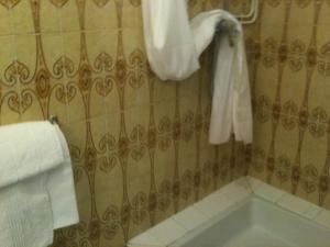 La salle de bains est pourvue d'une baignoire et de serviettes murales. dans l'établissement Hôtel de la Paix, à Luzenac