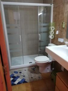 a bathroom with a shower and a toilet and a sink at Can Eugeni in L'Escala