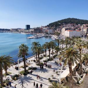 Una vista de una ciudad con palmeras y el agua. en Apartment Split4me, en Split