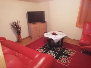 - un salon avec un canapé, une table et une télévision dans l'établissement Gitta Nyaralohaz, à Gyomaendrőd