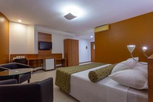 um quarto de hotel com uma cama e uma televisão em Hotel Serra Grande - SERRA - ES em Serra