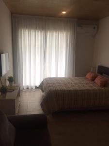 a bedroom with a bed and a large window at Studio 44 in Belén de Escobar