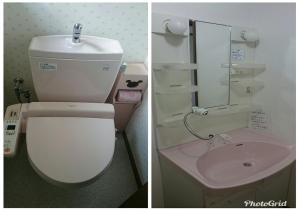 two pictures of a bathroom with a toilet and a sink at GuestHouse StrawberryFarm Shirasaki-Ⅱ / Vacation STAY19358 in Ōbiki