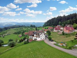 eine Luftansicht eines Hauses auf einem grünen Feld in der Unterkunft Höhenhotel & Restaurant Kalikutt in Oppenau