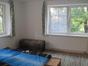 een slaapkamer met een bed en een groot raam bij Wohnung im Park in Thulendorf