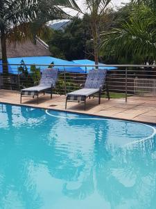 two blue chairs sitting next to a swimming pool at Country Link Guest Lodge in Komatipoort