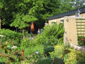 einen Garten mit Büschen und Bäumen und ein Gebäude in der Unterkunft Ferienhaus "Pusteblume" in Bad Zwischenahn