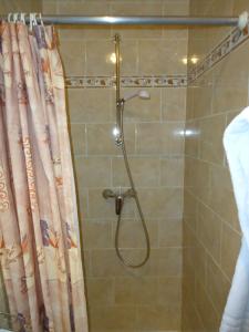 a shower with a shower curtain in a bathroom at Hotel Belvedere in Brussels