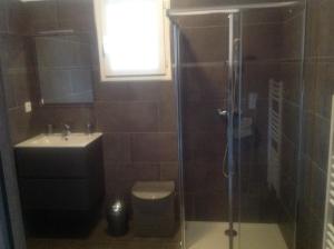 a bathroom with a shower and a toilet and a sink at charmant studio dans résidence neuve et calme in Corte