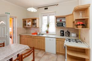 a kitchen with wooden cabinets and a counter top at Almafa Apartmanház in Eger