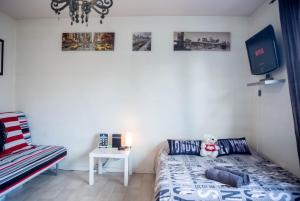 a small bedroom with a bed and a tv at Travel Homes - The EastSide, Parking and downtown in Colmar
