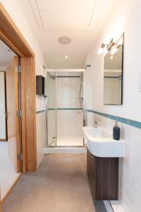 a bathroom with a sink and a shower at Hampden Apartments - The Henry in Windsor