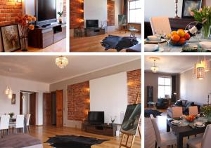 a collage of photos of a living room and a dining room at Marilyn Apartment in Łódź