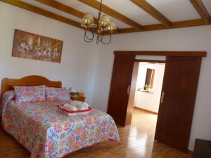 a bedroom with a bed and a chandelier at Casa Cueva Paquito in Vega de San Mateo +51 photos