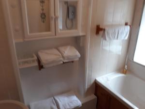 a bathroom with a sink and a toilet and towels at Beechwood B&B in Postbridge