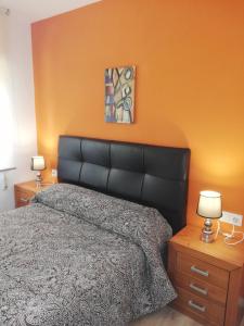 a bedroom with a large bed with a black leather headboard at Apartamento Calzada II in Santiago de Compostela