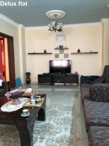 a living room with a couch and a tv at 1955 Heart of Jerash in Jerash