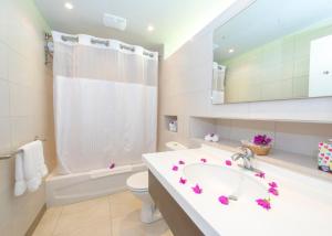 a bathroom with a sink and a toilet and a mirror at Mount Irvine Bay Resort in Grafton