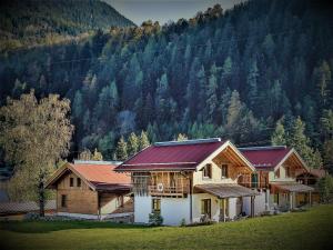 ein Haus auf einem Feld mit einem Berg im Hintergrund in der Unterkunft X-Alp Lodges in Sautens