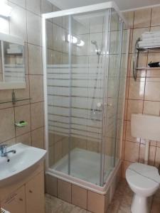 y baño con ducha, aseo y lavamanos. en Casa Soare check-in independent, en Sighişoara