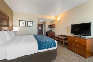 Comfort Inn & Suites Tavares North في تفاريس: غرفة فندقية بسرير وتلفزيون بشاشة مسطحة