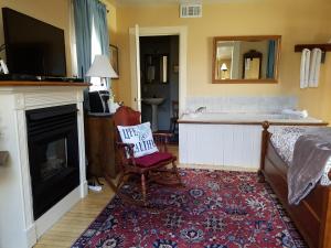 a bedroom with a tub and a bed and a fireplace at Lilly Pad in Cedarburg