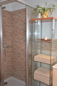 een glazen douchecabine met handdoeken op een plank bij Casa de la playa in Punta de Mujeres +21 foto's