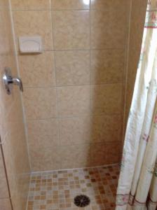 ducha con puerta de cristal y suelo de baldosa en Holly Motel Southampton, en Southampton