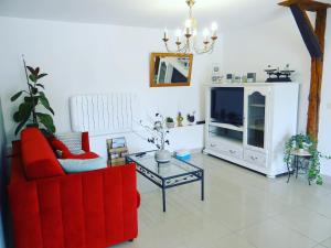 a living room with a red couch and a tv at Gîte L'étable in Dole