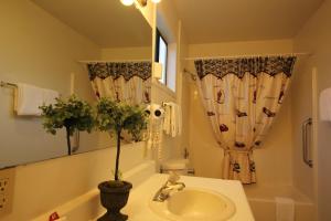a bathroom with a sink, toilet, and mirror at Mariners Cove Inn in Westport
