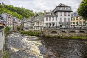 a river in a town with buildings and a bridge at Hotel De Lange Man Monschau Eifel in Monschau