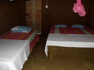 una habitación con 2 camas y un cerdo rosa en la pared en Karu Homestay, en Sigiriya
