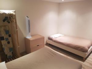 a bedroom with two beds and a tv on a night stand at 13 Rue de la Fontaine F11 in Lourdes