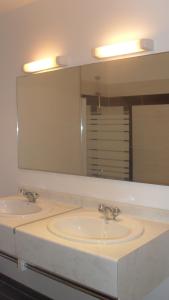 a bathroom with two sinks and a large mirror at 13 Rue de la Fontaine F11 in Lourdes