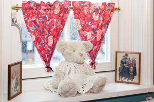 a teddy bear sitting on a shelf in front of a window at Bed and Breakfast De Pepersteeg in Marken