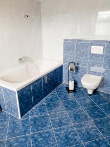 ein blau gefliestes Bad mit einer Badewanne und einem WC in der Unterkunft Ferienwohnung Koller in Wernberg