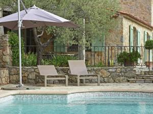 two chairs and an umbrella next to a swimming pool at Provencal air conditioned villa in Fayence