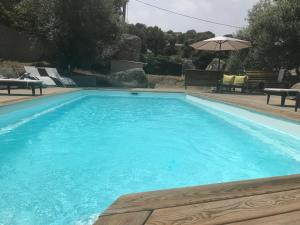 a large blue swimming pool with a table and an umbrella at Villa Filippi in Porto-Vecchio