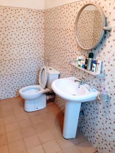 een badkamer met een toilet, een wastafel en een spiegel bij Summer Ridge - Homestay in Ratnapura