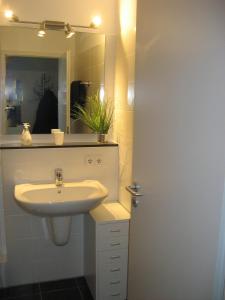 a bathroom with a sink and a mirror at Hochwertiges Apartment im Grünen, zentral gelegen, ruhig, Balkon in Hannover