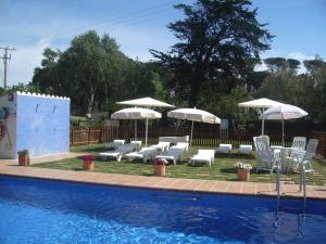 a swimming pool with chairs and umbrellas and a pool at Apartamento La Palmera Plaza in Sant Martí d’Empúries