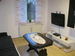 a living room with a coffee table and a tv at Ferienwohnung Anna in Maroldsweisach