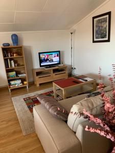 a living room with a couch and a tv at Can Municoy in Castelló d'Empúries