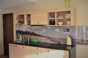 a kitchen with a counter with a picture on the wall at Apartament Gabrysia 7 in Międzywodzie